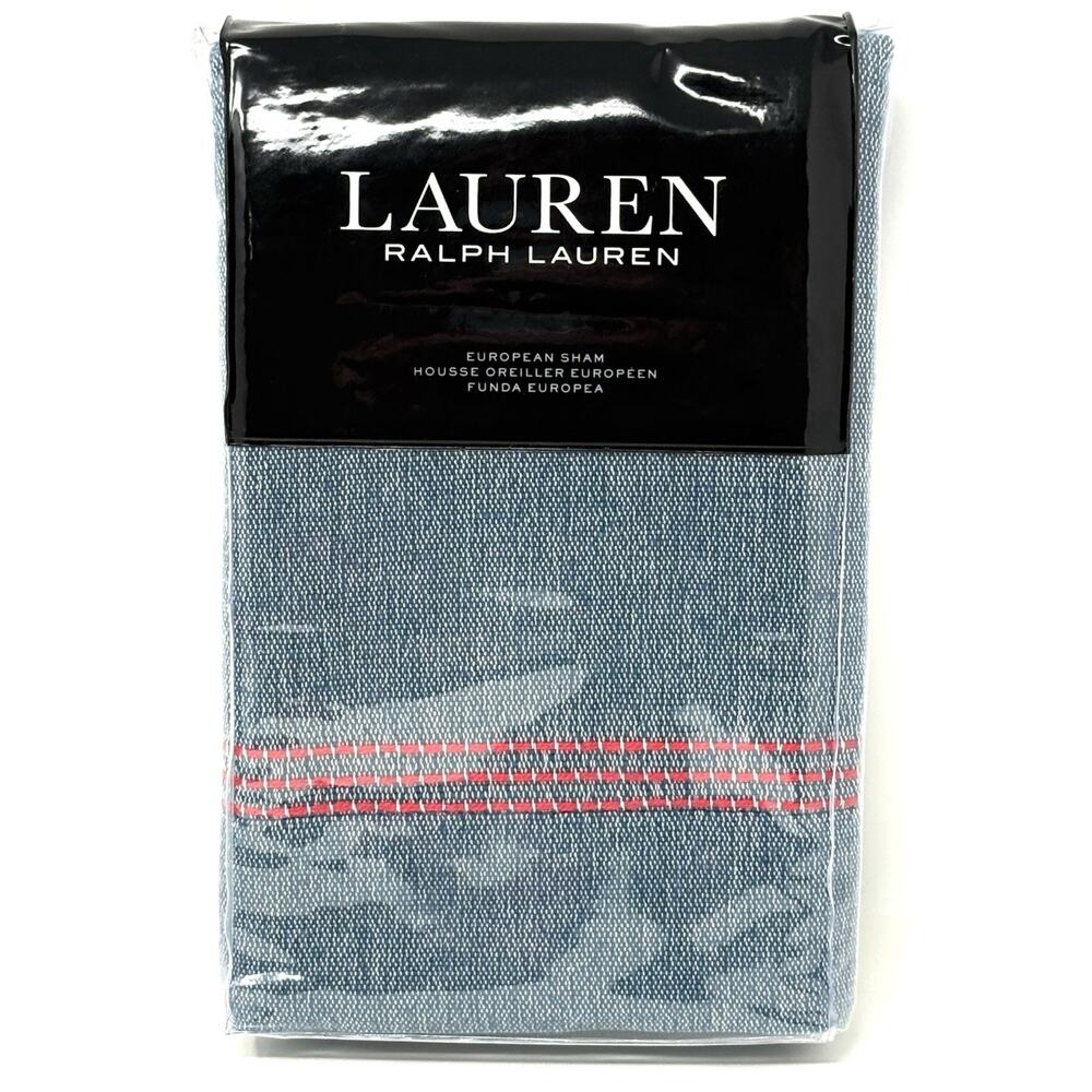 Ralph Lauren Maggie Texture Indigo Blue Euro Sham Red Coral Trim European Denim
